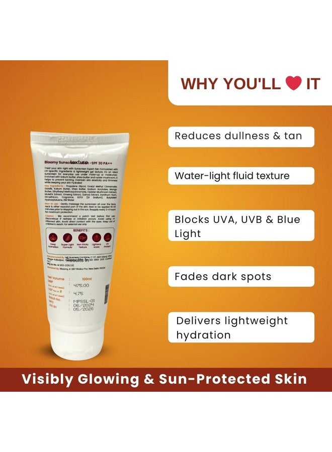 BLOOMY Sunscreen Lotion with SPF 30 | UVA + UVB PA+++ | Kaolin Clay & Zinc Oxide | Daily Face Moisturizer For Oily Skin | Lightweight & Non-Greasy | Face & Body Lotion - 100 ML - Image 2