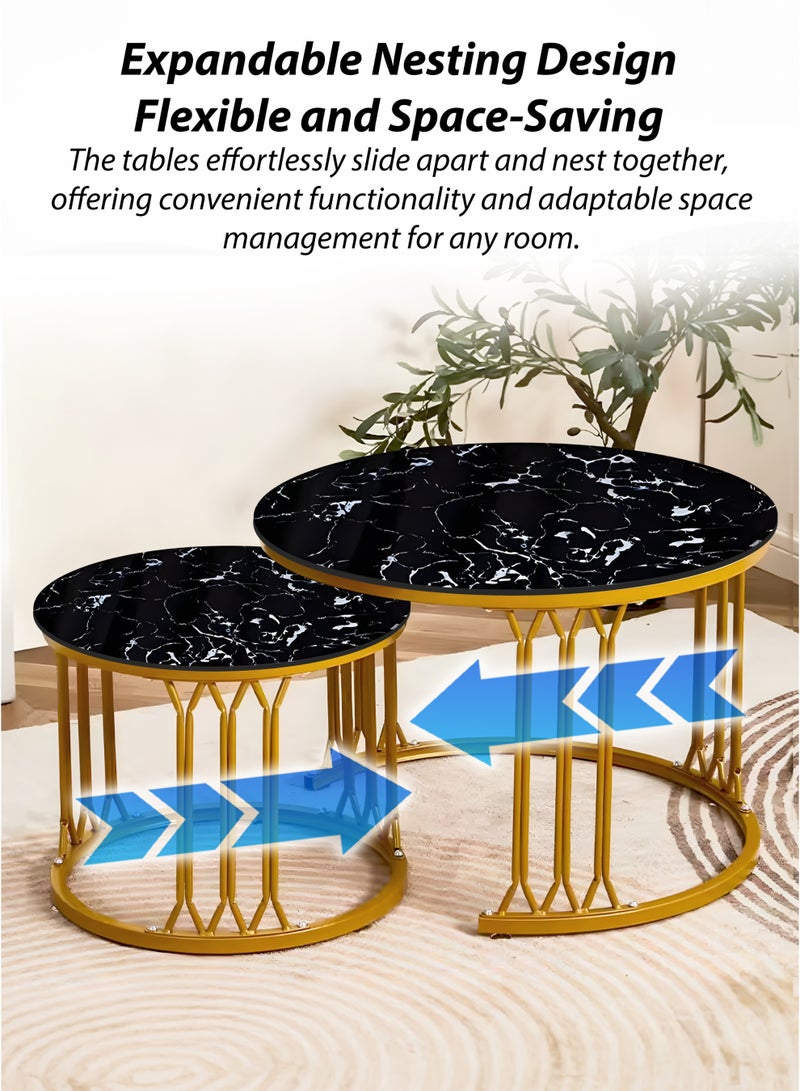 DBLEW Modern Faux Black Marble Finish Round Nesting Coffee Table Set of 2 One Small and One Big Side Tea Tables with Golden Steel Base Space Saving Design Durable 3mm Tempered Glass Top Perfect for Home Living Room Bedroom Outdoor Garden Patio or Small Spaces Versatile End Table, Sofa Side, Center Table Bedside Tables Stackable Accent Table - Image 3