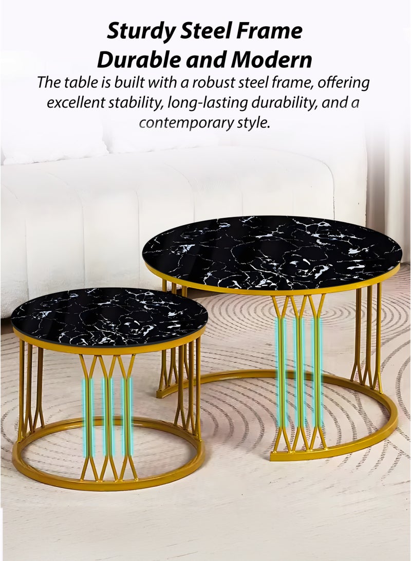 DBLEW Modern Faux Black Marble Finish Round Nesting Coffee Table Set of 2 One Small and One Big Side Tea Tables with Golden Steel Base Space Saving Design Durable 3mm Tempered Glass Top Perfect for Home Living Room Bedroom Outdoor Garden Patio or Small Spaces Versatile End Table, Sofa Side, Center Table Bedside Tables Stackable Accent Table - Image 5
