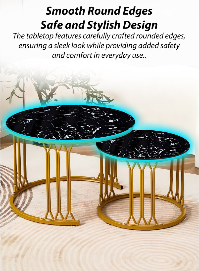 DBLEW Modern Faux Black Marble Finish Round Nesting Coffee Table Set of 2 One Small and One Big Side Tea Tables with Golden Steel Base Space Saving Design Durable 3mm Tempered Glass Top Perfect for Home Living Room Bedroom Outdoor Garden Patio or Small Spaces Versatile End Table, Sofa Side, Center Table Bedside Tables Stackable Accent Table - Image 4
