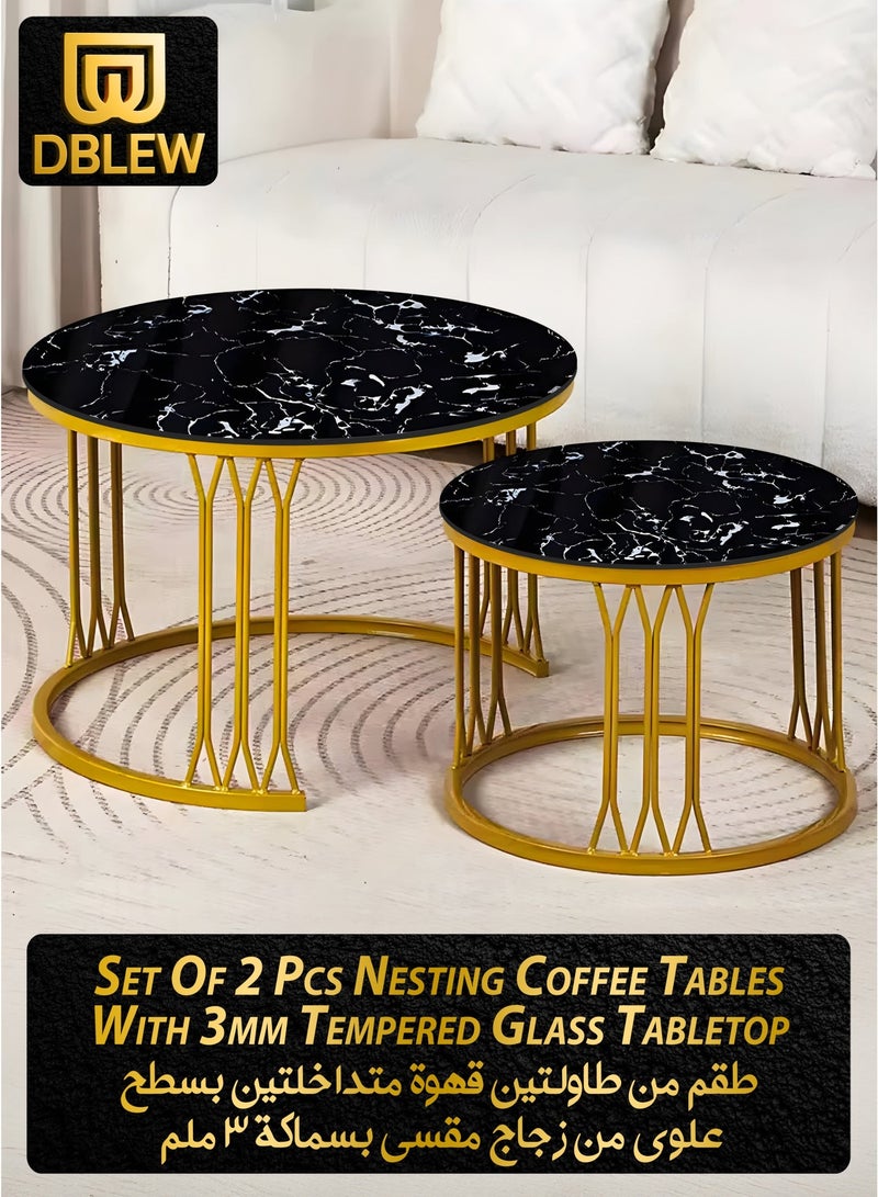 DBLEW Modern Black Marble Finish Round Nesting Coffee Table Set of 2 with Gold Steel Base – Space Saving Stackable Side & Center Tables for Living Room, Bedroom, Balcony & Small Spaces - Image 1