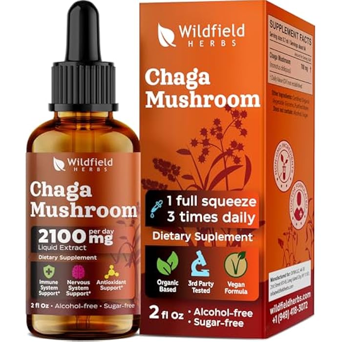 WILDFIELD HERBS 2 Oz Chaga Mushroom Liquid Extract Drops - Cellular & Immune Wellness Support* | 84 Servings | Chaga Herbal Supplement - Alcohol & Sugar Free - Image 1