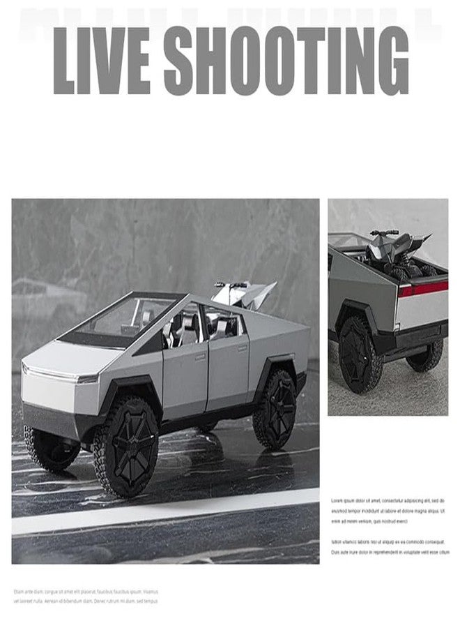 AHBHT Kids Model 1:24 Cyber Truck Die Cast Metal Car Pull Back Action Opening Doors with Realistic Engine Sound Lights Toy Car Gift for Boys - Silver - Image 4