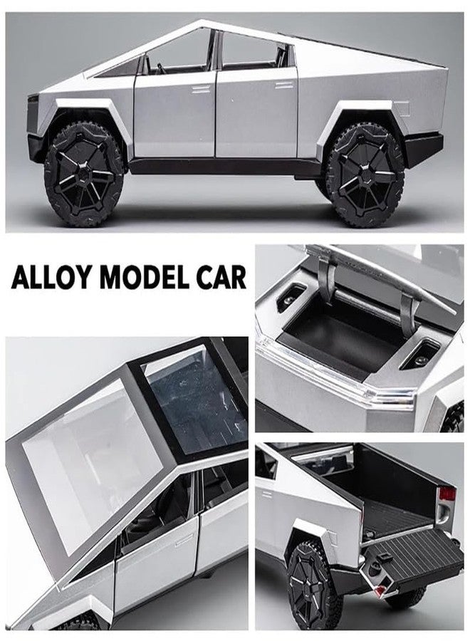 AHBHT Kids Model 1:24 Cyber Truck Die Cast Metal Car Pull Back Action Opening Doors with Realistic Engine Sound Lights Toy Car Gift for Boys - Silver - Image 3