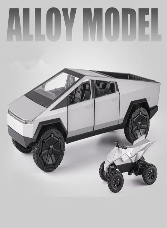 AHBHT Kids Model 1:24 Cyber Truck Die Cast Metal Car Pull Back Action Opening Doors with Realistic Engine Sound Lights Toy Car Gift for Boys - Silver - Image 2
