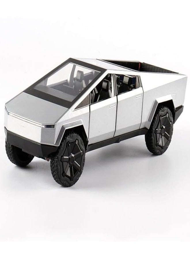AHBHT Kids Model 1:24 Cyber Truck Die Cast Metal Car Pull Back Action Opening Doors with Realistic Engine Sound Lights Toy Car Gift for Boys - Silver - Image 1