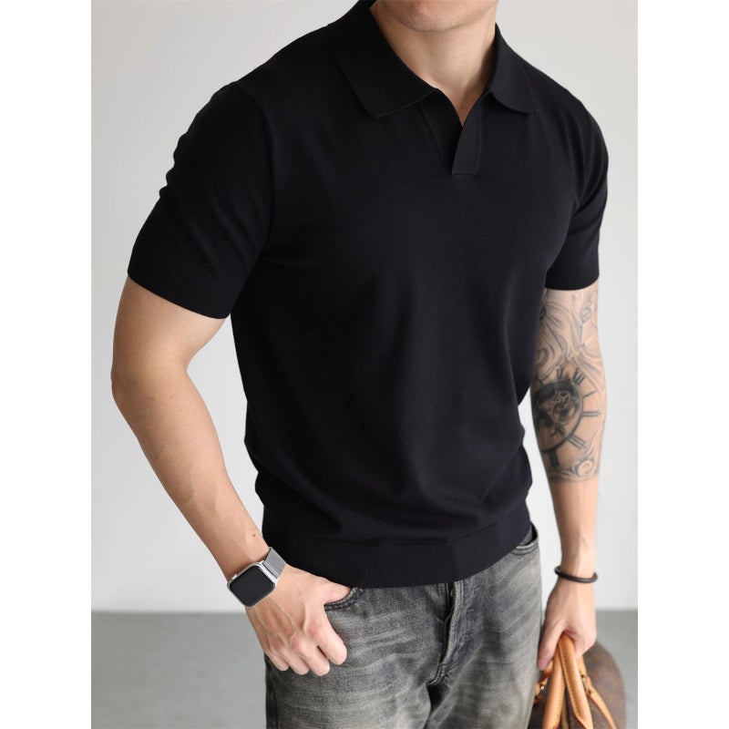 Men's V-Neck Short Sleeve Knit Polo Shirt Business Casual Summer T-Shirt - Image 3