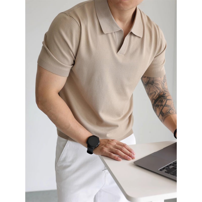 Men's V-Neck Short Sleeve Knit Polo Shirt Business Casual Summer T-Shirt - Image 4
