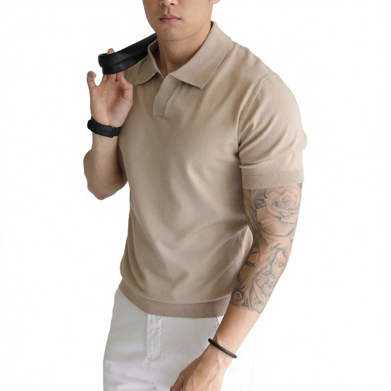 Men's V-Neck Short Sleeve Knit Polo Shirt Business Casual Summer T-Shirt - Image 1