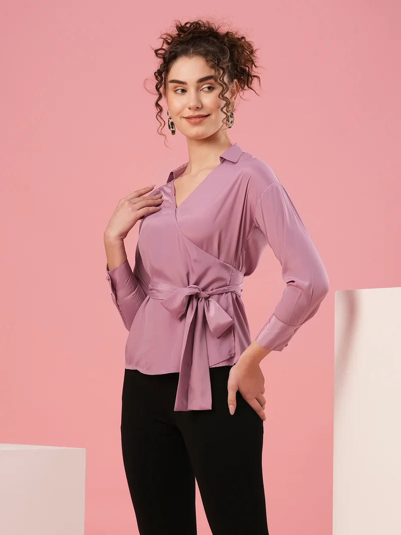 globus Women Shirt Collar Cuffed Sleeves Wrap Top