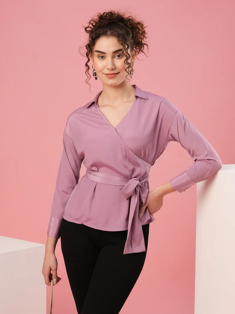 globus Women Shirt Collar Cuffed Sleeves Wrap Top