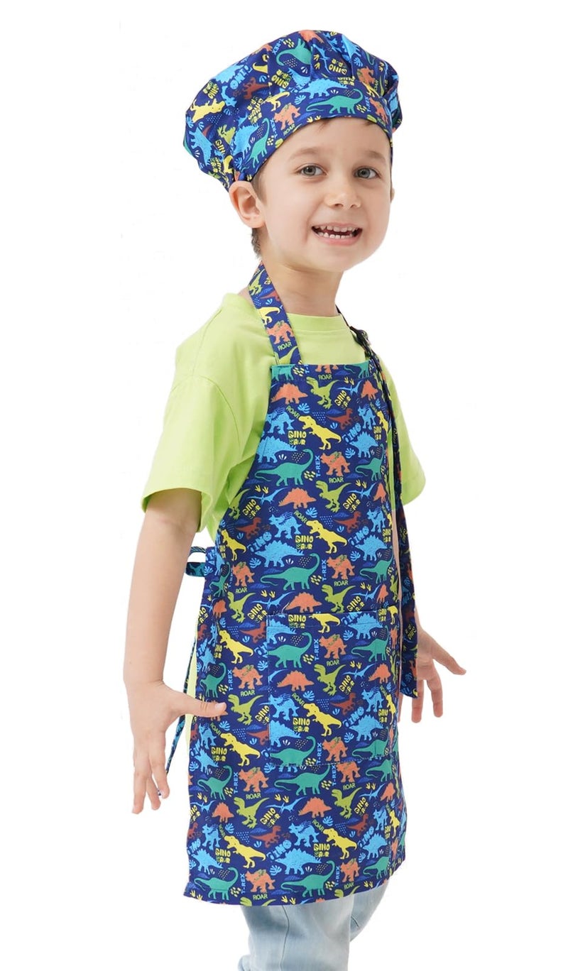 ALIPOBO Kids Apron and Chef Hat Set, Children's Kitchen Cooking Aprons with 2 Pockets for Boys Girls Toddler Painting Baking (Dinosaur Blue, 6-12 Years) - Image 5