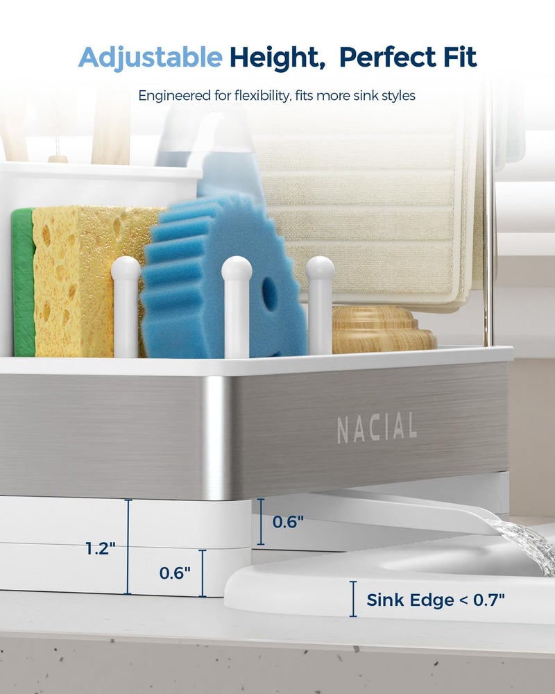 Nacial Sponge Holder for Kitchen Sink, Sink Caddy Organizer with High Brush Holder & Two Towel Racks - Rustproof 304 Stainless Steel Kitchen Countertop Storage Essentials - White - Image 4