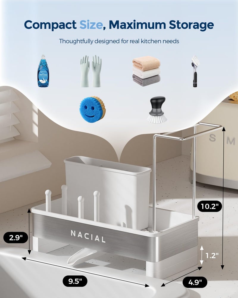 Nacial Sponge Holder for Kitchen Sink, Sink Caddy Organizer with High Brush Holder & Two Towel Racks - Rustproof 304 Stainless Steel Kitchen Countertop Storage Essentials - White - Image 2