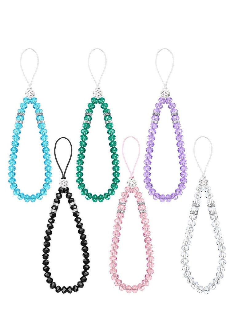 6 قطع حبل هاتف مزخرف قصير لليد والمعصم مع خرز كريستالي لسلسلة الهاتف المحمول للفتيات والنساء - Image 1