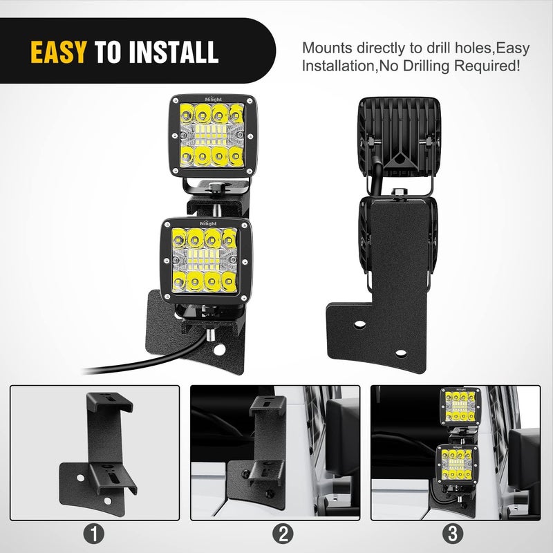 Nilight 2PCS Windshield Hinge Mounting Brackets Dual A-Pillar for Offroad LED Fog Light Work Light for 2007 2008 2009 2010 2011 2012 2013 2014 2015 2016 2017 Wrangler JK/JKU 2DR 4DR,2 Years Warranty - Image 4