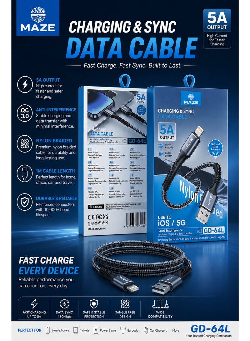 ميذ كابل Lightning إلى USB للشحن السريع بقوة 5 أمبير – يدعم تقنية الشحن السريع QC 3.0 ونقل البيانات عالي السرعة، يتميز بهيكل متين مجدول من النايلون ومقاوم للانحناء، بطول 1 متر، ومتوافق مع الهواتف الذكية والأجهزة اللوحية وأجهزة الكمبيوتر المحمولة. - Image 2