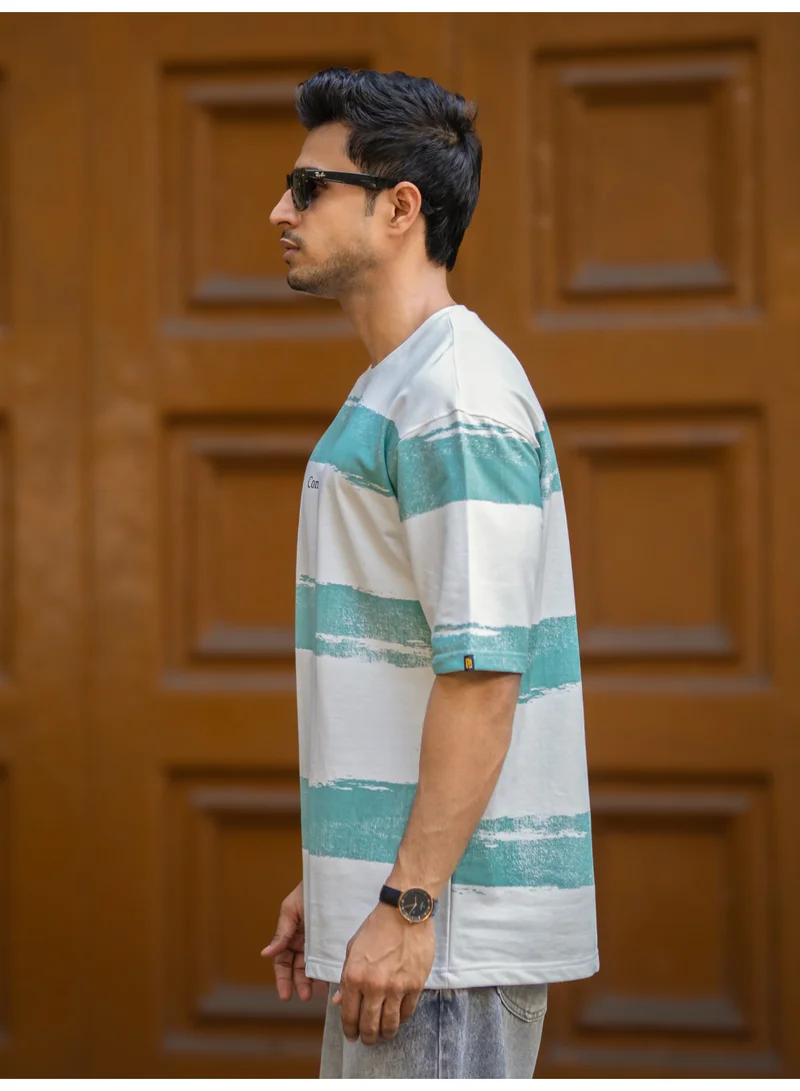 Maniac  Mens Striped Round Neck 3/4th Sleeve Half White and Berly Green Cotton T-Shirt for Men | Best Price UAE