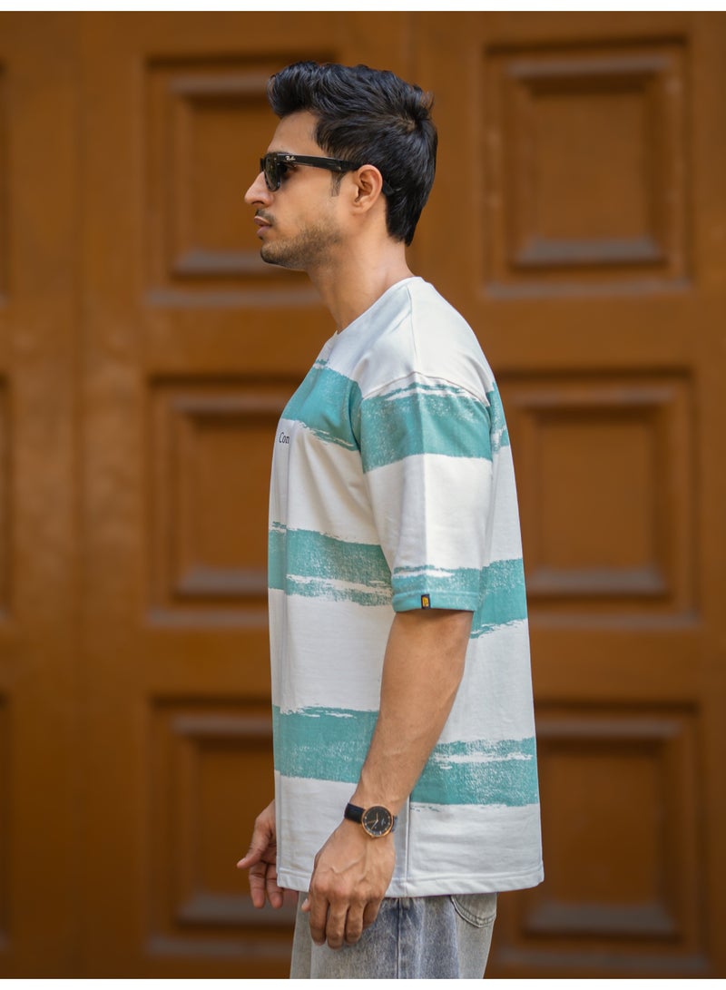 مانياك تي شيرت قطن رجالي مخطط بياقة دائرية وأكمام 3/4 بلون أبيض و أخضر برلي - Image 3