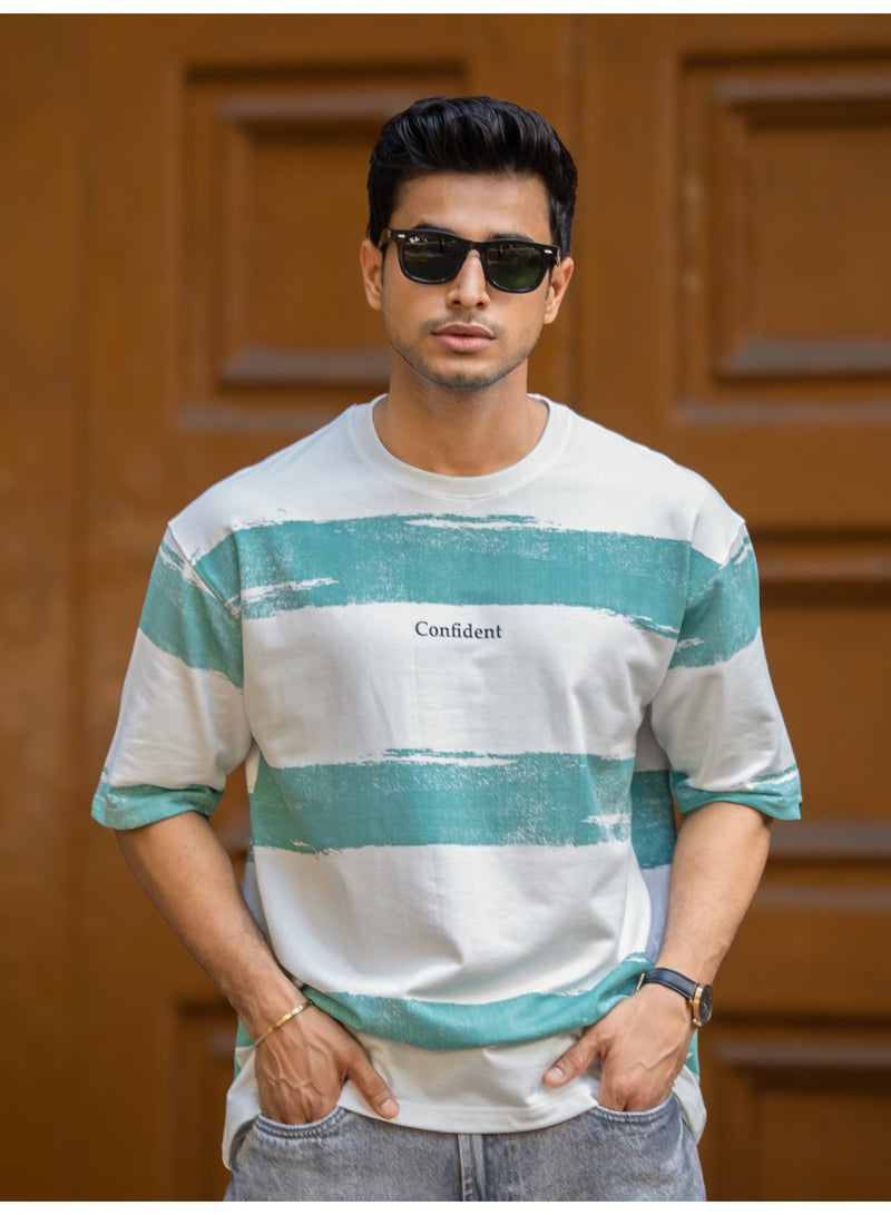 مانياك تي شيرت قطن رجالي مخطط بياقة دائرية وأكمام 3/4 بلون أبيض و أخضر برلي - Image 2