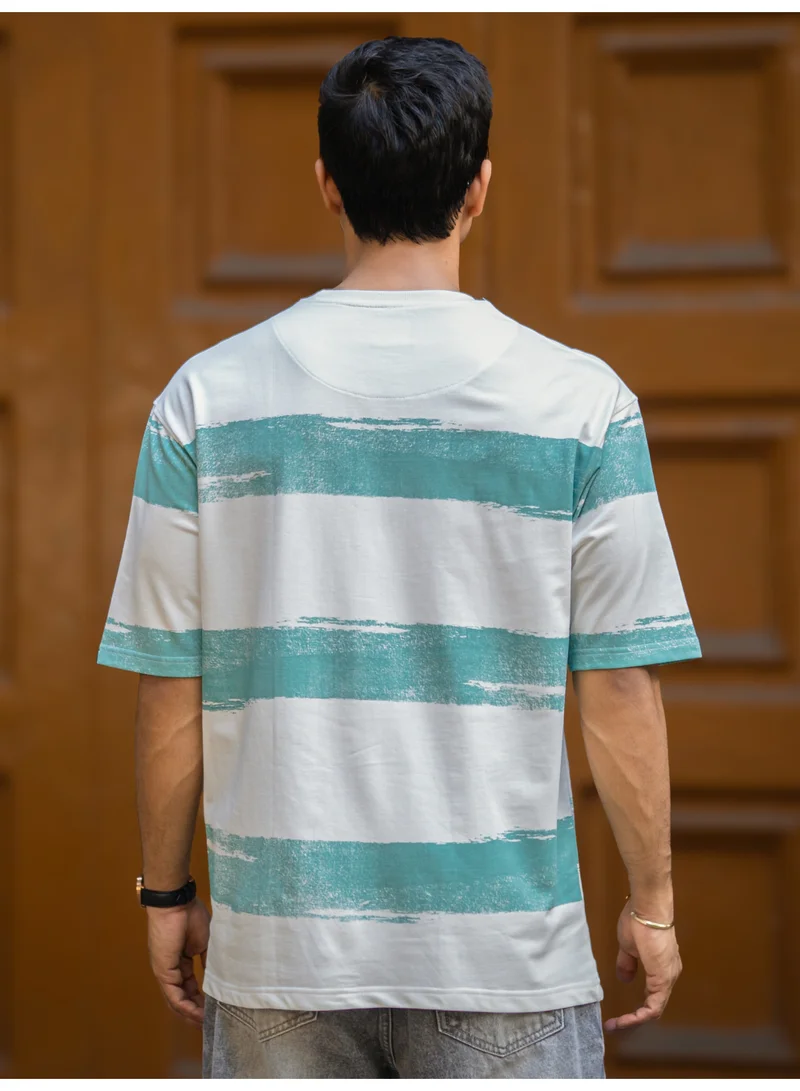 Maniac  Mens Striped Round Neck 3/4th Sleeve Half White and Berly Green Cotton T-Shirt for Men | Best Price UAE