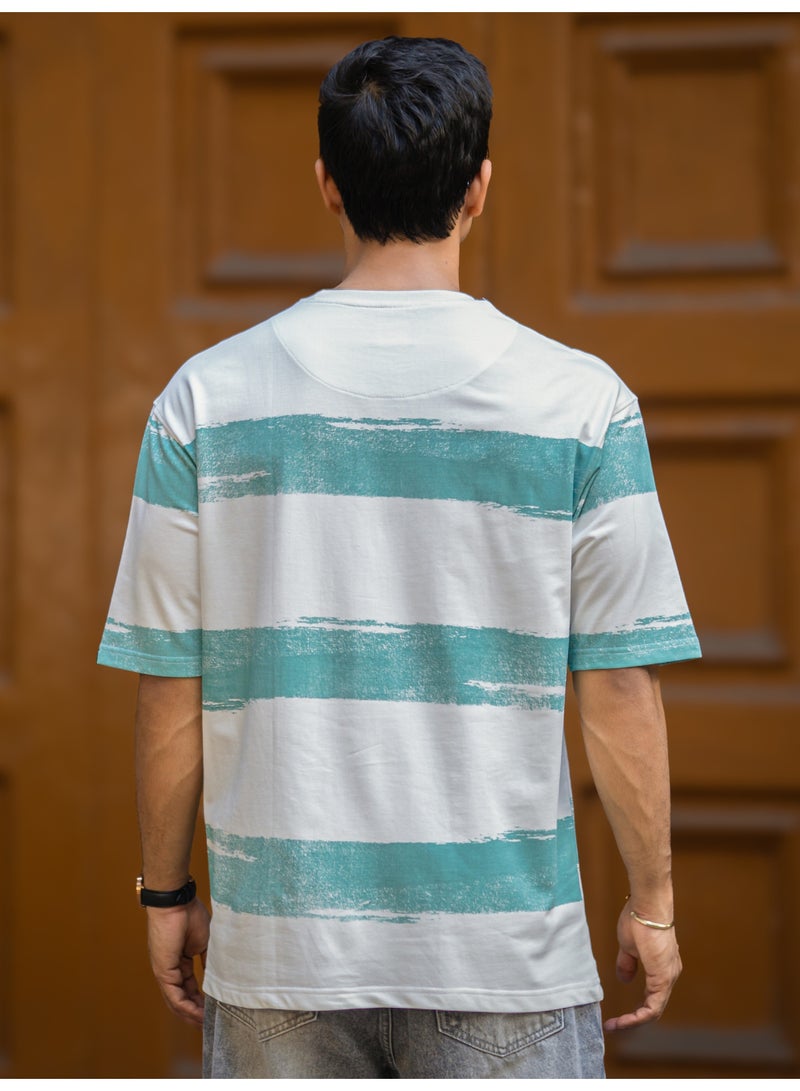 مانياك تي شيرت قطن رجالي مخطط بياقة دائرية وأكمام 3/4 بلون أبيض و أخضر برلي - Image 5