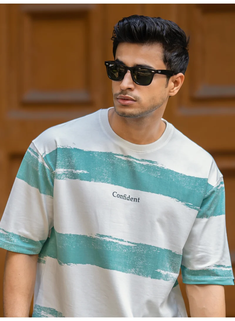 مانياك تي شيرت قطن رجالي مخطط بياقة دائرية وأكمام 3/4 بلون أبيض و أخضر برلي