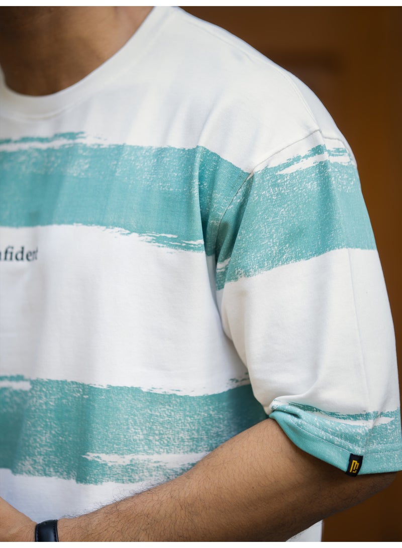 مانياك تي شيرت قطن رجالي مخطط بياقة دائرية وأكمام 3/4 بلون أبيض و أخضر برلي - Image 4