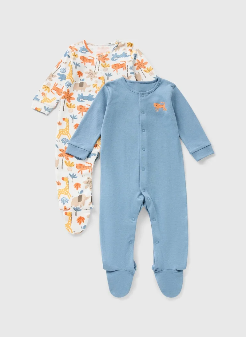Matalan Baby 2 Pack Jungle Blue Sleepsuits