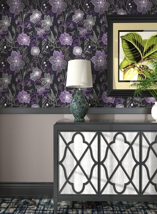 Laatse Purple Floral Wallpaper Peel and Stick Boho Wallpaper Dark Floral Contact Paper Waterproof Self Adhesive Vintage Botanical Wall Paper for Bedroom Walls Cabinet Decor 17.5“x118” - Image 2