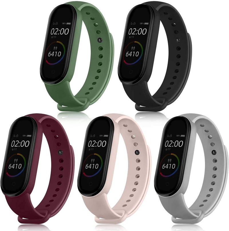 INEFABLE Mi SmartWatch 5 and 6 Straps Original for Mi Watch M5 and M6 Strap Soft Silicone Adjustable Band Strap - Black-Light Grey-Peach-Wine-Green (Pack of 5) - Image 1