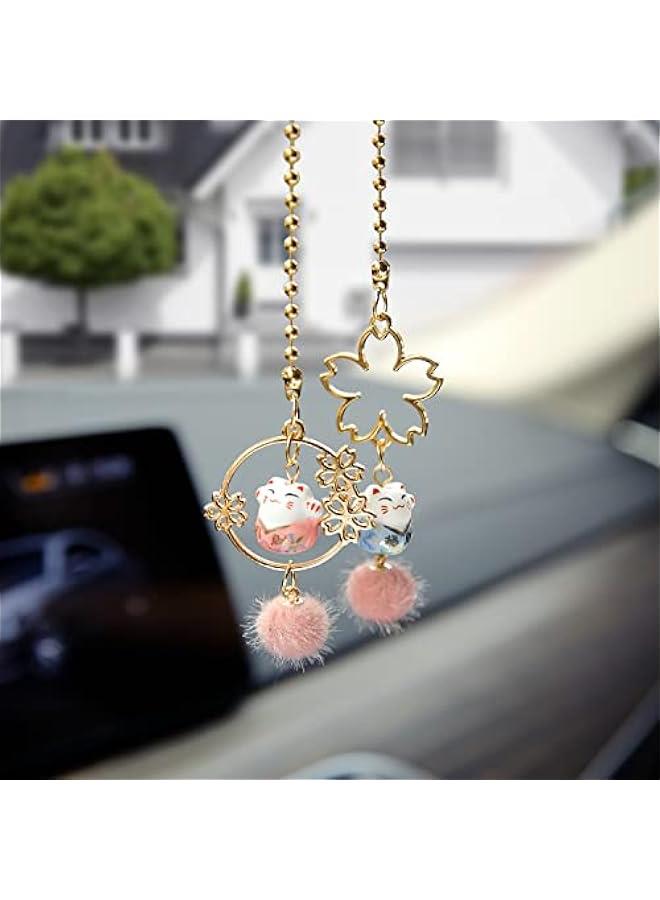 Generic Pair of Lucky Cat Car Interior Mirror Hanging Accessories Car Decor Mini Porcelain Maneki Neko Dangle Charm (Sakura Lucky Cat)  - Image 1