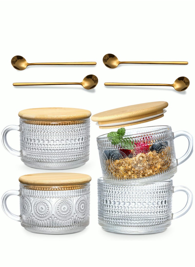 MIXDE - 4pcs Set Vintage Coffee Mugs Overnight Oats Containers with Bamboo Lids and Spoons - 14oz Clear Embossed Glass Cups Cute Coffee Bar Accessories Iced Coffee Glasses - Image 1