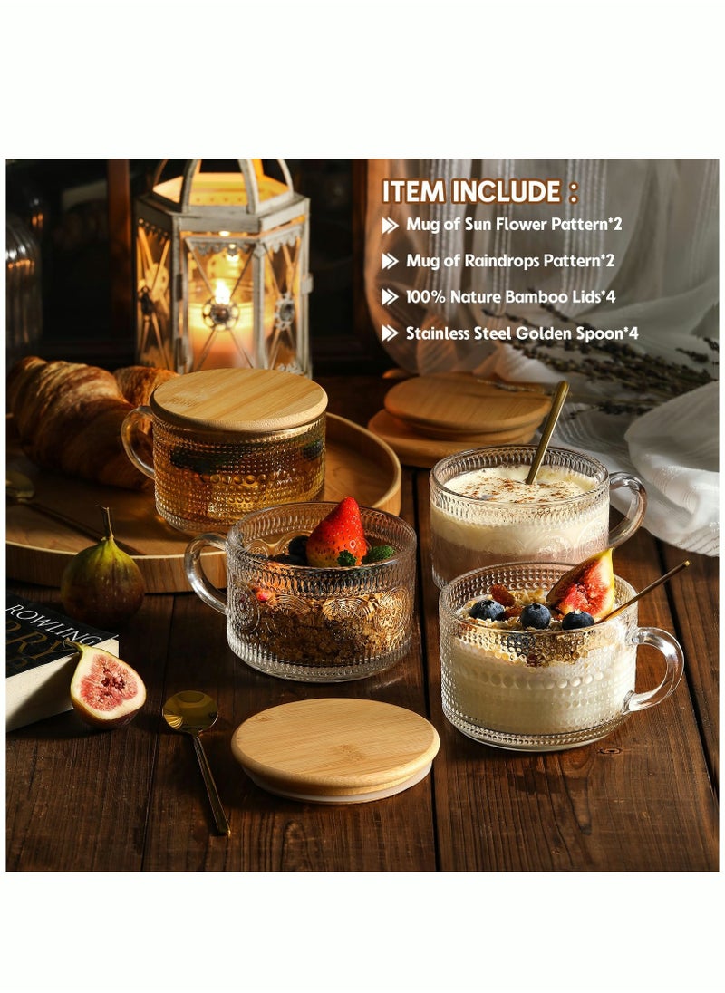MIXDE - 4pcs Set Vintage Coffee Mugs Overnight Oats Containers with Bamboo Lids and Spoons - 14oz Clear Embossed Glass Cups Cute Coffee Bar Accessories Iced Coffee Glasses - Image 1