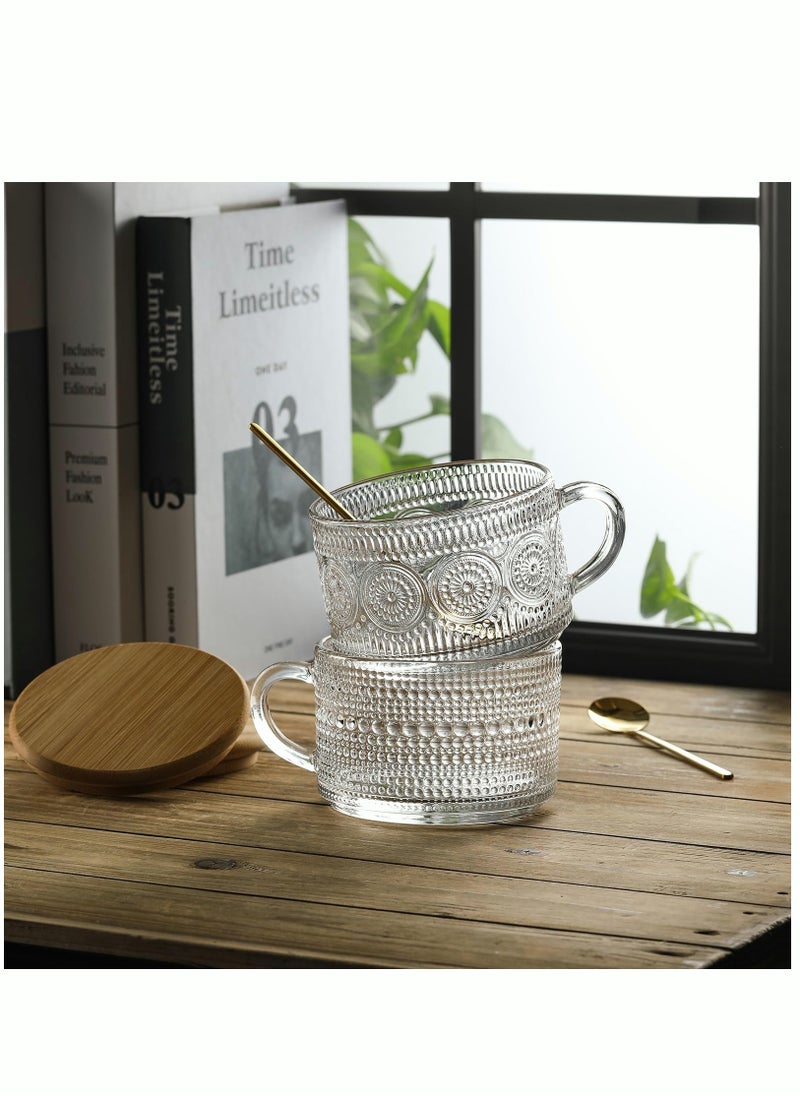 MIXDE - 4pcs Set Vintage Coffee Mugs Overnight Oats Containers with Bamboo Lids and Spoons - 14oz Clear Embossed Glass Cups Cute Coffee Bar Accessories Iced Coffee Glasses - Image 1