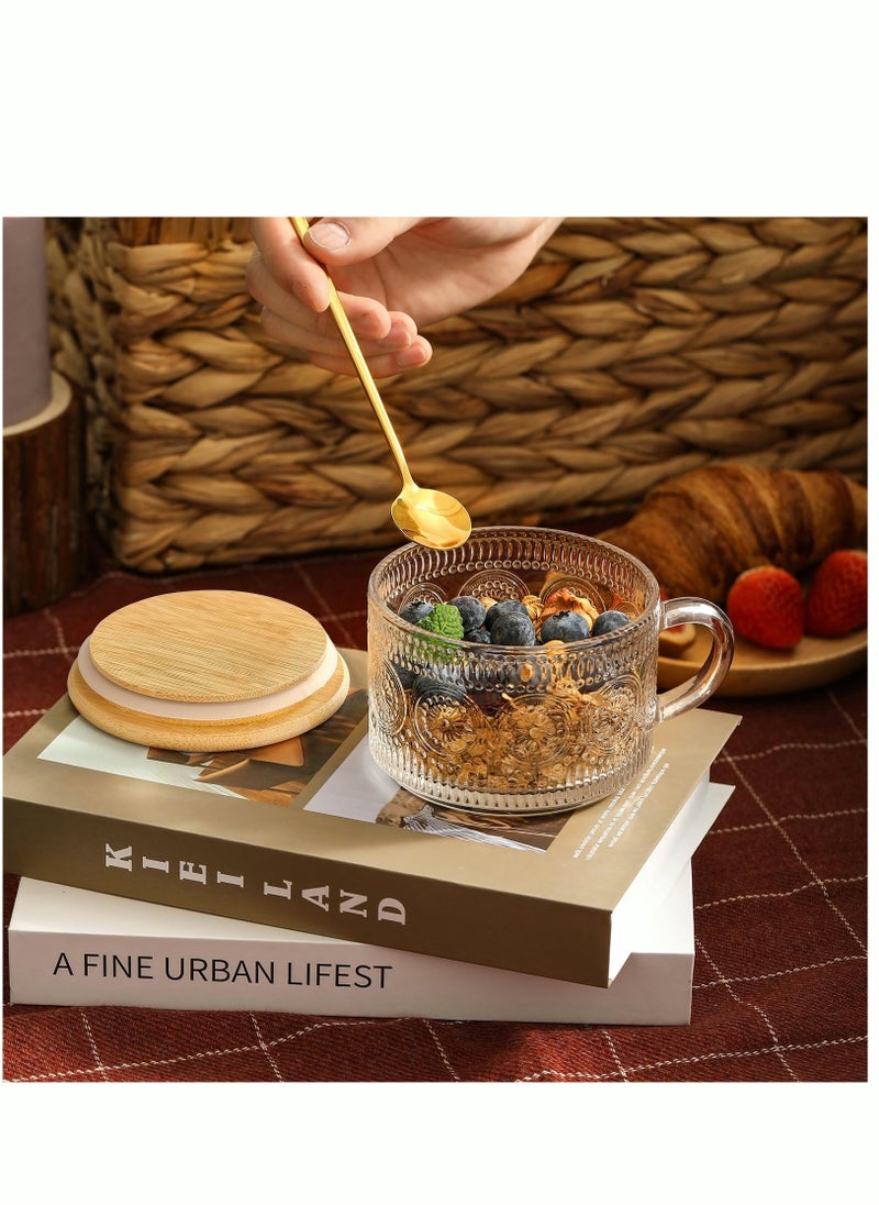 MIXDE - 4pcs Set Vintage Coffee Mugs Overnight Oats Containers with Bamboo Lids and Spoons - 14oz Clear Embossed Glass Cups Cute Coffee Bar Accessories Iced Coffee Glasses - Image 1