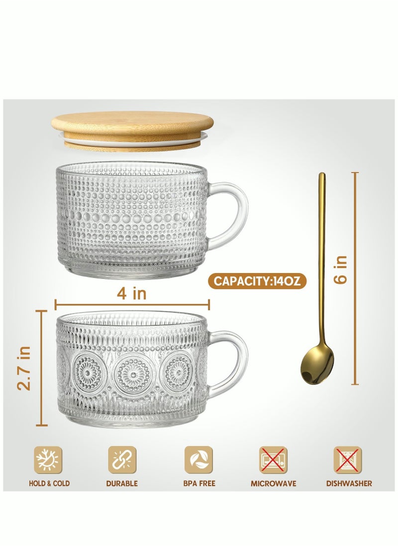 MIXDE - 4pcs Set Vintage Coffee Mugs Overnight Oats Containers with Bamboo Lids and Spoons - 14oz Clear Embossed Glass Cups Cute Coffee Bar Accessories Iced Coffee Glasses - Image 1