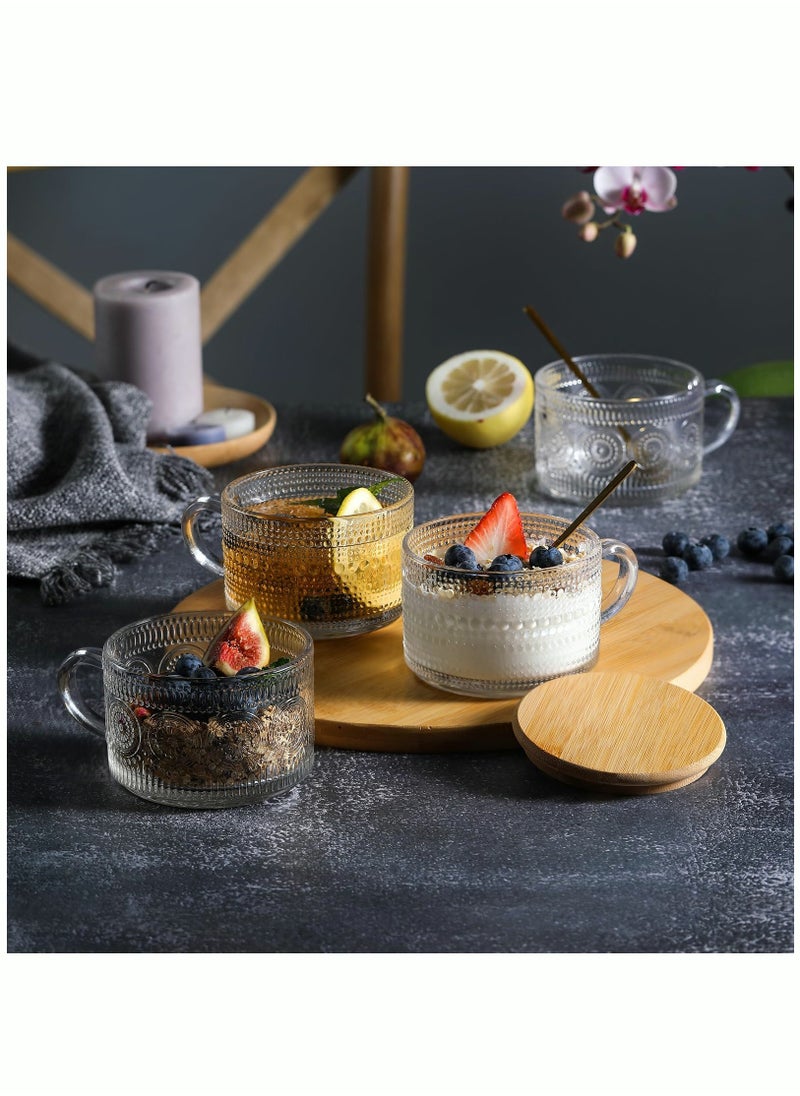 MIXDE - 4pcs Set Vintage Coffee Mugs Overnight Oats Containers with Bamboo Lids and Spoons - 14oz Clear Embossed Glass Cups Cute Coffee Bar Accessories Iced Coffee Glasses - Image 1