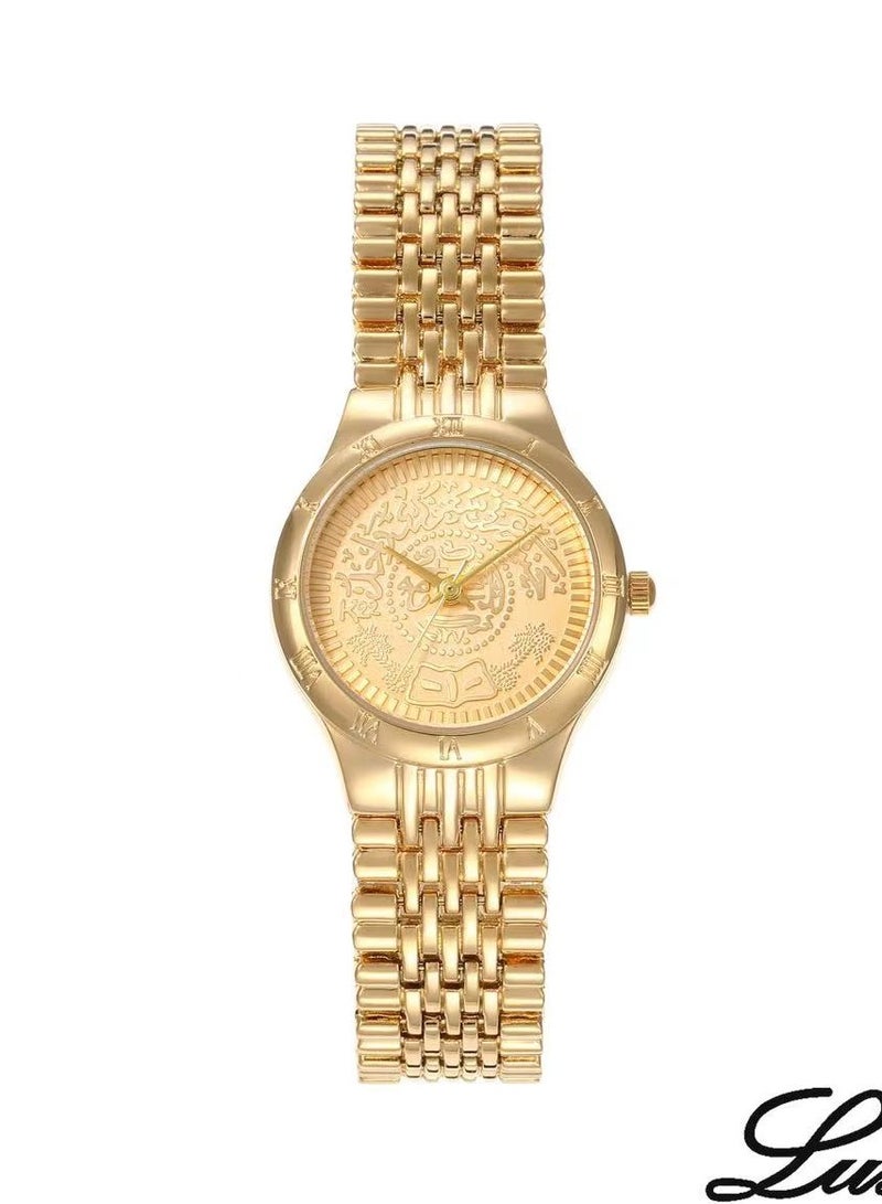 Women's steel wristwatch - water resistant, high quality, gold bracelet with gold dial