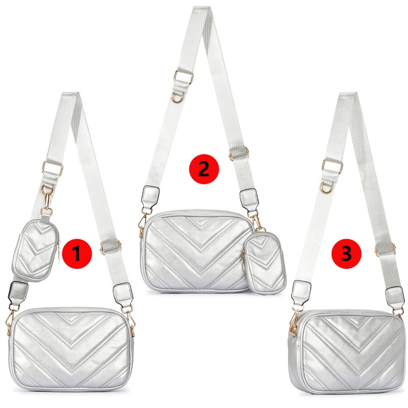 Herald Chevron Quilted Small Crossbody Bag with Coin Purse Pouch, Women Square Camera Side Shoulder 2 Size Handbags (Silvery) - Image 2