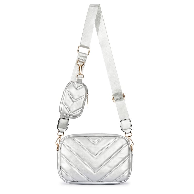 Herald Chevron Quilted Small Crossbody Bag with Coin Purse Pouch, Women Square Camera Side Shoulder 2 Size Handbags (Silvery) - Image 1