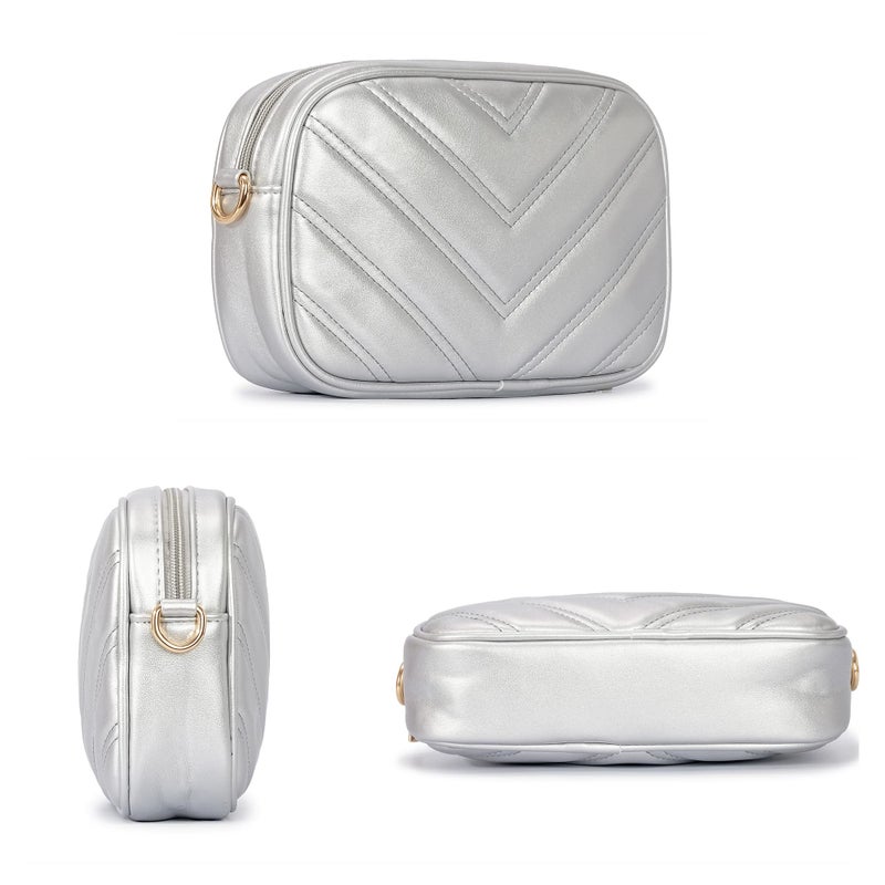 Herald Chevron Quilted Small Crossbody Bag with Coin Purse Pouch, Women Square Camera Side Shoulder 2 Size Handbags (Silvery) - Image 3
