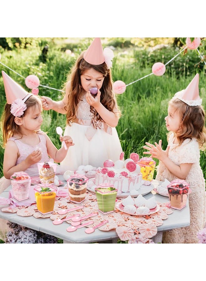 Mifoci 5 oz Pink Plastic Dessert Cups with Lids and Spoons Mini Clear Reusable Yogurt Parfait Appetizer Cup for Wedding Baby Shower Party Picnic Dessert Fruit Pudding Ice Cream Cake(150 Pcs) - Image 2