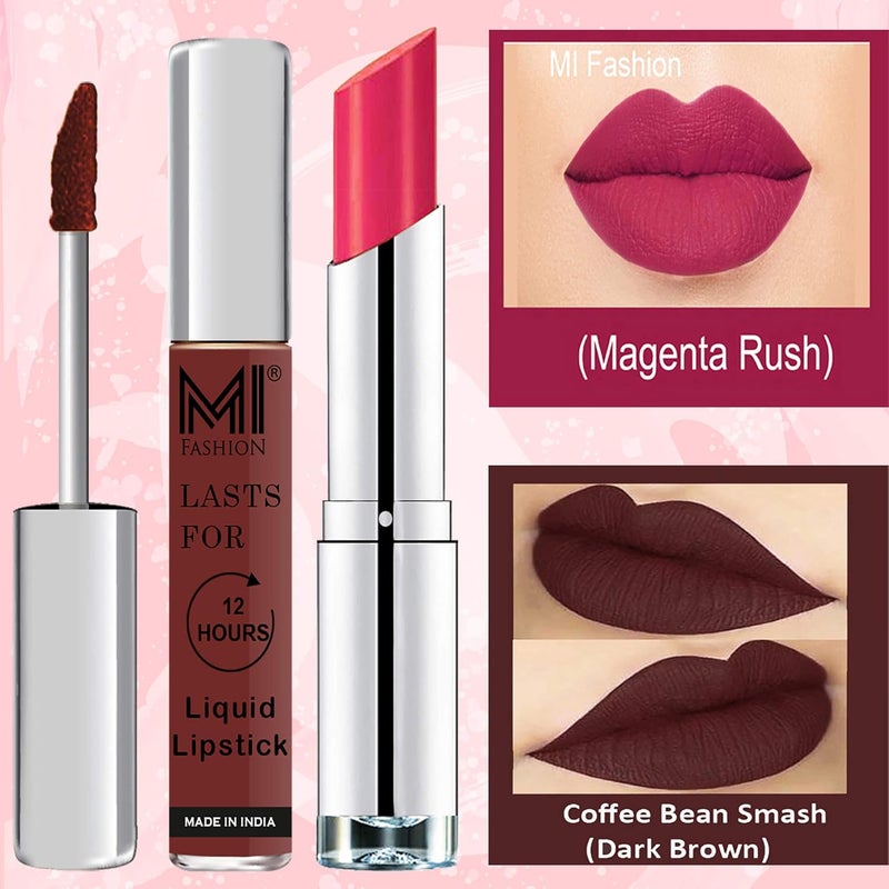 MI Fashion Made in India Lipstick Combo Offers 100 Veg Long Lasting Dark Brown Liquid Matte Lipstick Magenta Creamy Matte Lipstick - Image 3