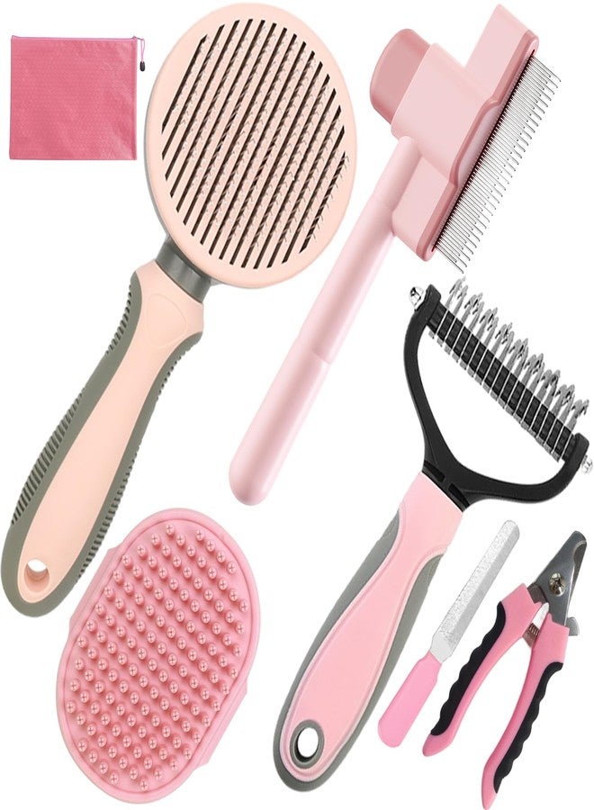 KUEIOX Pet Grooming Kit - 7 PCS Deshedding Brush Set with Slicker, Undercoat Rake, Bath Brush & Nail Clipper for Short & Long Haired Dogs, Cats (Pink) - Image 1