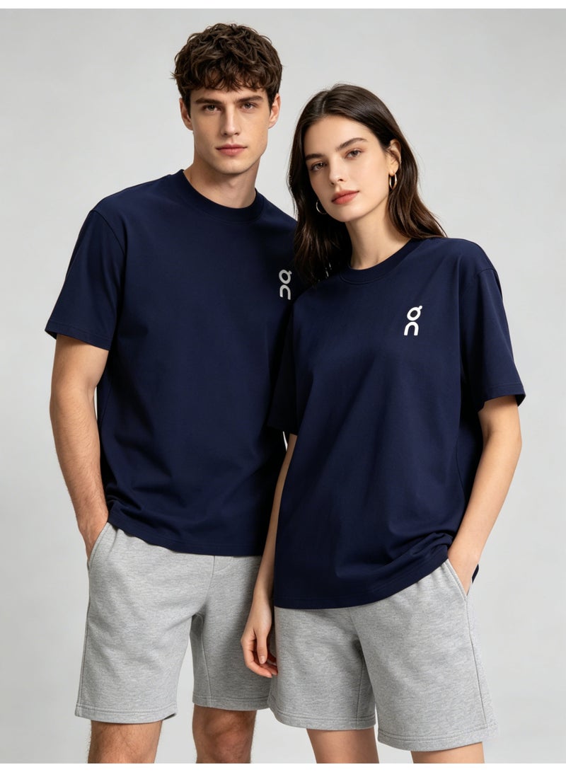 اون راننج On Unisex Navy Minimal White Logo Crew Neck Couple T-Shirt - Image 1