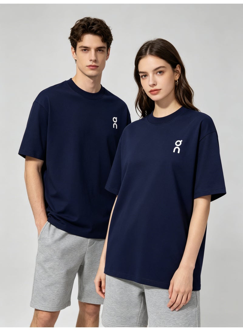 اون راننج On Unisex Navy Minimal White Logo Crew Neck Couple T-Shirt - Image 4