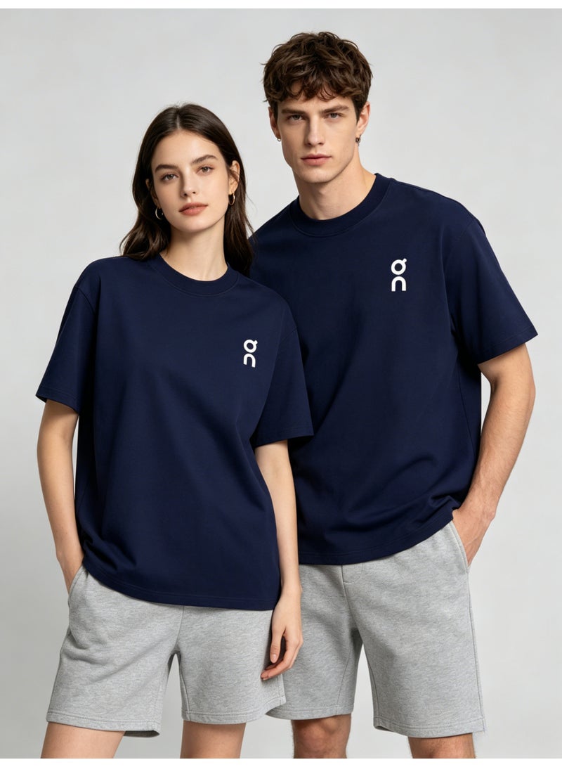 اون راننج On Unisex Navy Minimal White Logo Crew Neck Couple T-Shirt - Image 2