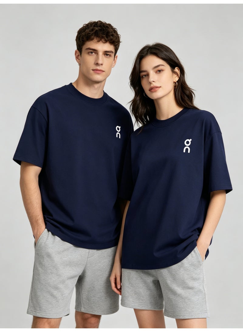 اون راننج On Unisex Navy Minimal White Logo Crew Neck Couple T-Shirt - Image 3