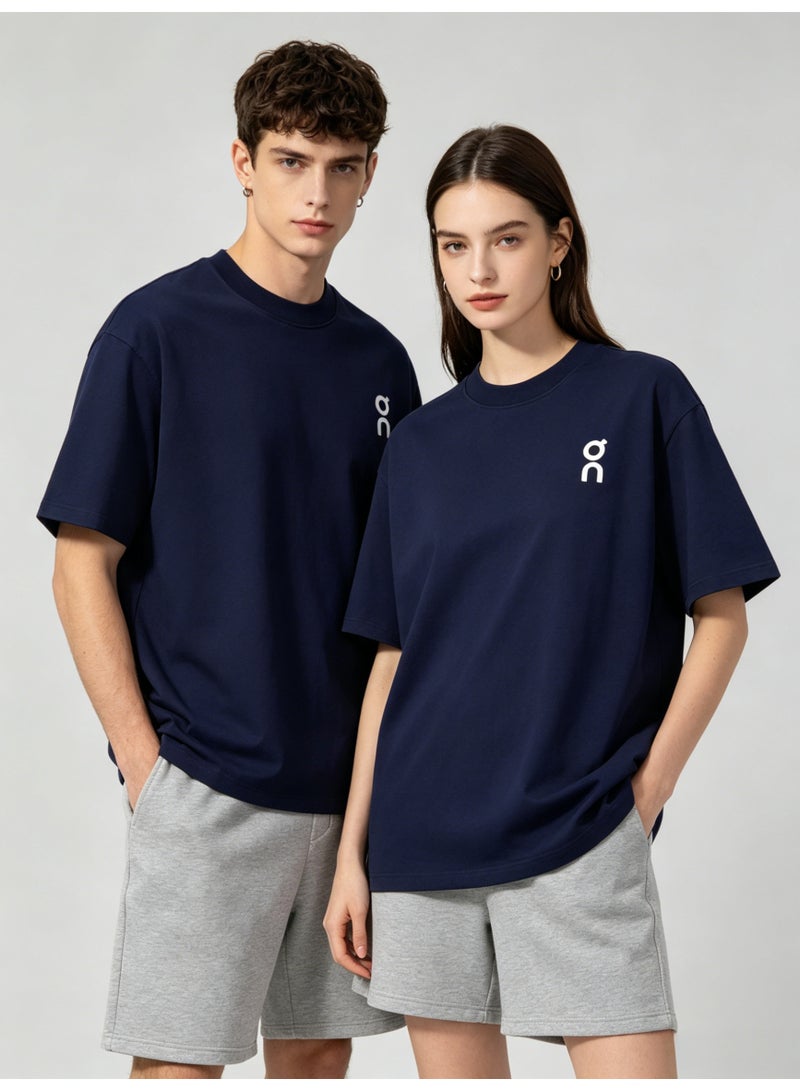 اون راننج On Unisex Navy Minimal White Logo Crew Neck Couple T-Shirt - Image 5